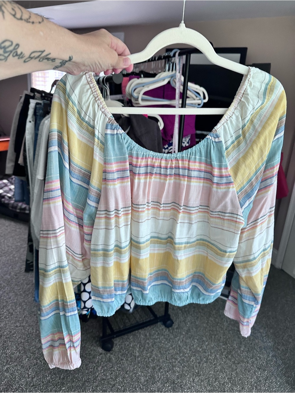 O'Neill Pastel Striped Off-Shoulder Blouse - Yellow, Blue, Pink, Cream NEW!